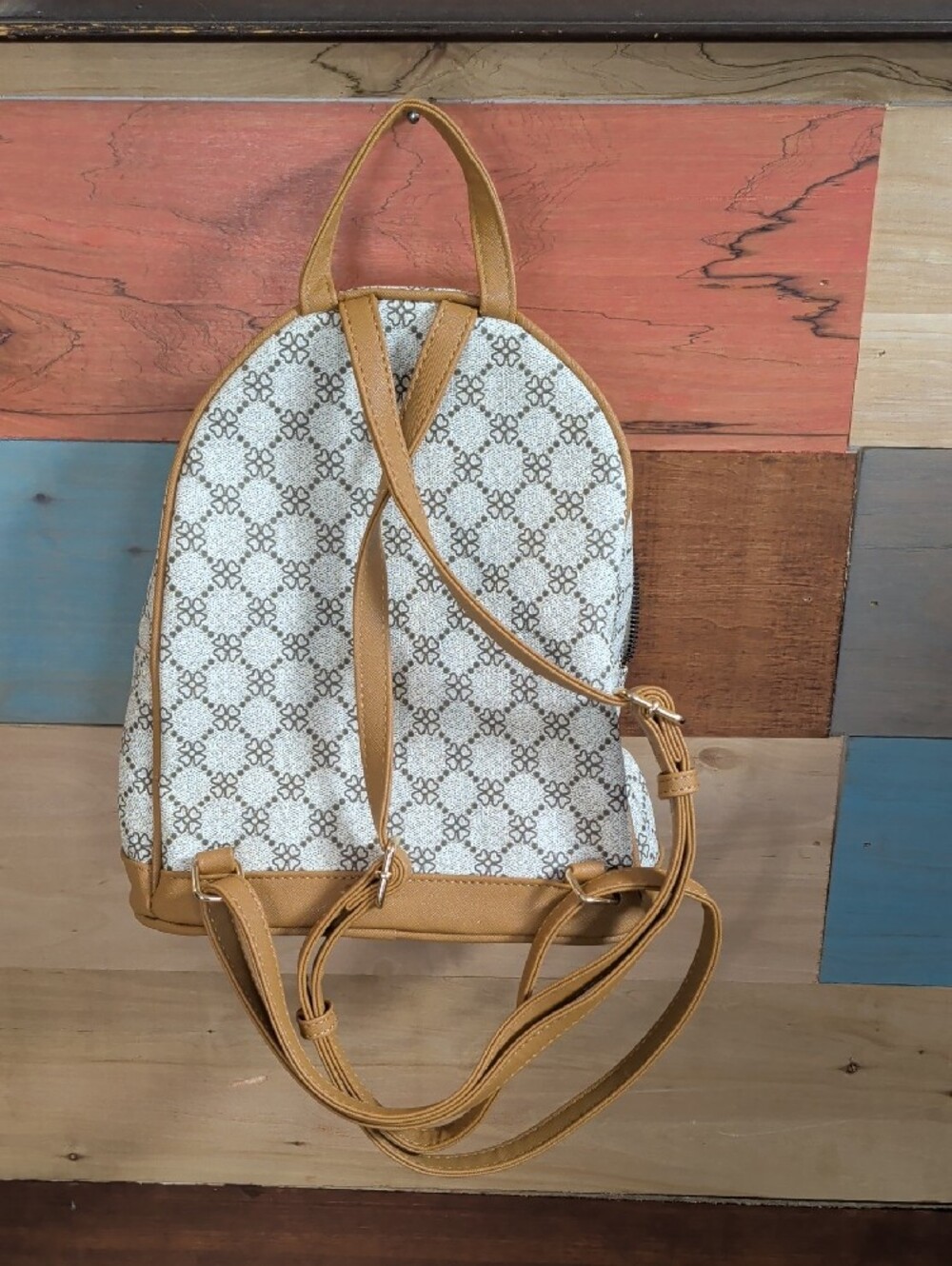 Cream Patterned Mini Backpack with Tan Trim - Picture 4 of 4